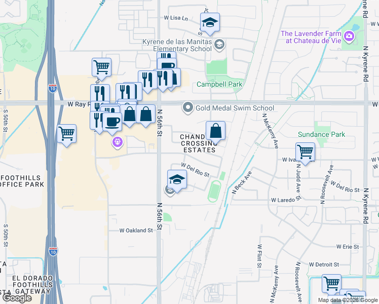 map of restaurants, bars, coffee shops, grocery stores, and more near 6803 West Ivanhoe Street in Chandler