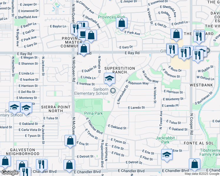 map of restaurants, bars, coffee shops, grocery stores, and more near 700 North Superstition Boulevard in Chandler