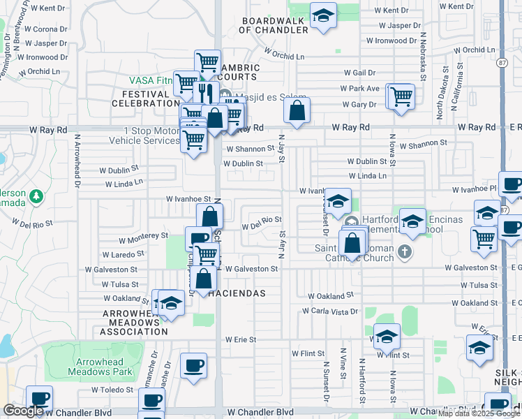 map of restaurants, bars, coffee shops, grocery stores, and more near 843 West Harrison Street in Chandler
