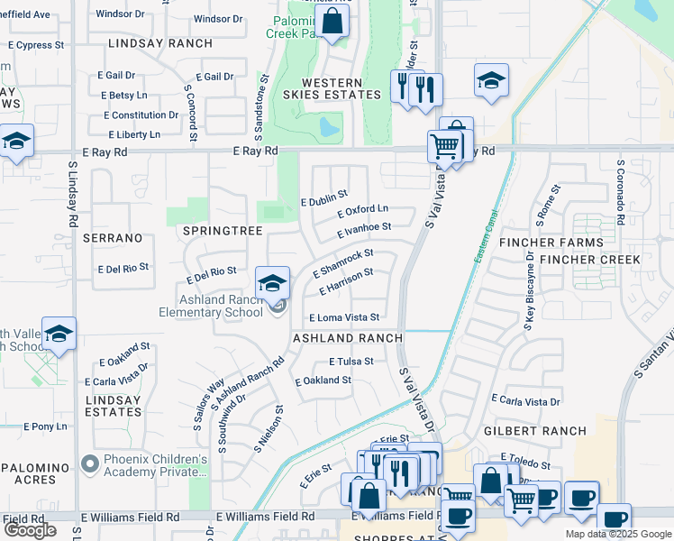 map of restaurants, bars, coffee shops, grocery stores, and more near 1381 East Shamrock Street in Gilbert