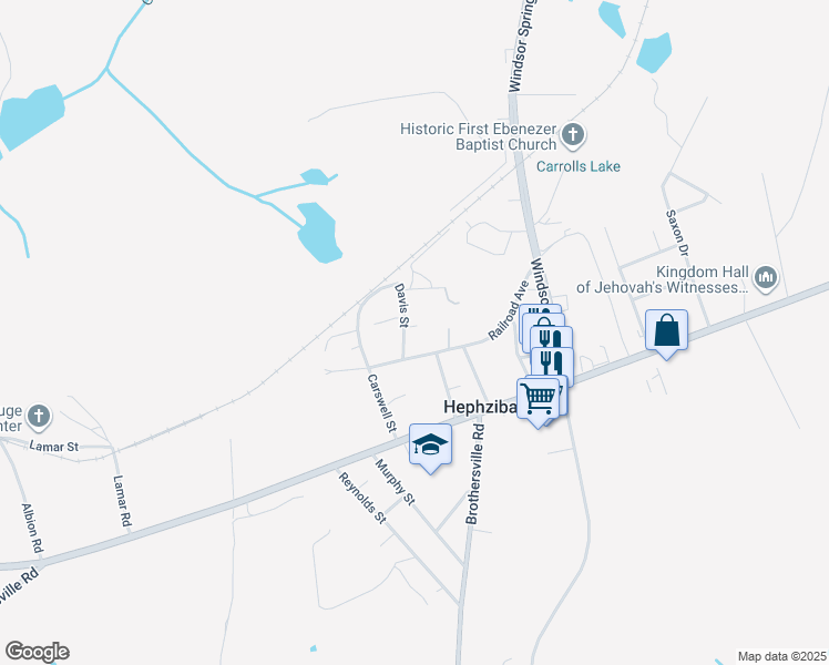 map of restaurants, bars, coffee shops, grocery stores, and more near 4414 Davis Street in Hephzibah