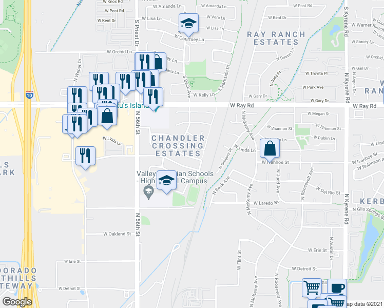 map of restaurants, bars, coffee shops, grocery stores, and more near 6712 West Ivanhoe Street in Chandler