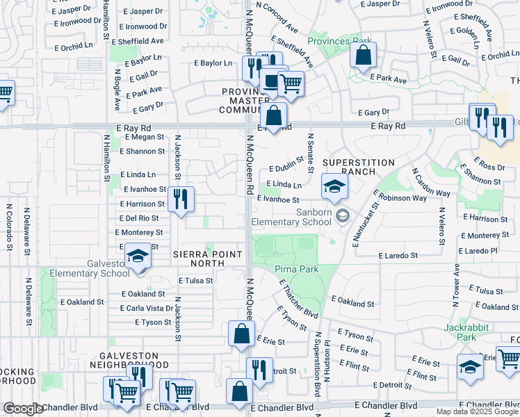 map of restaurants, bars, coffee shops, grocery stores, and more near 721 North McQueen Road in Chandler