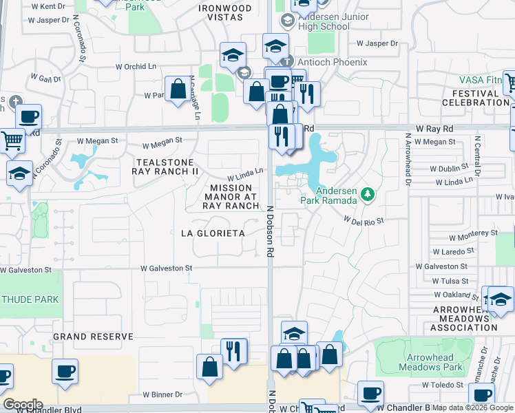 map of restaurants, bars, coffee shops, grocery stores, and more near 2051 West Harrison Street in Chandler