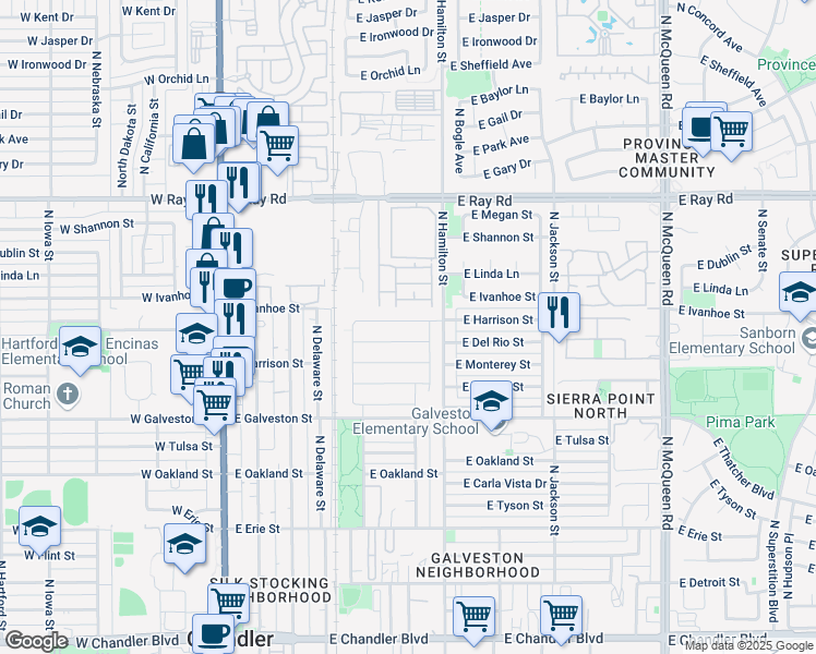map of restaurants, bars, coffee shops, grocery stores, and more near 525 East Harrison Street in Chandler