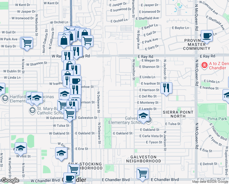 map of restaurants, bars, coffee shops, grocery stores, and more near 425 East Harrison Street in Chandler