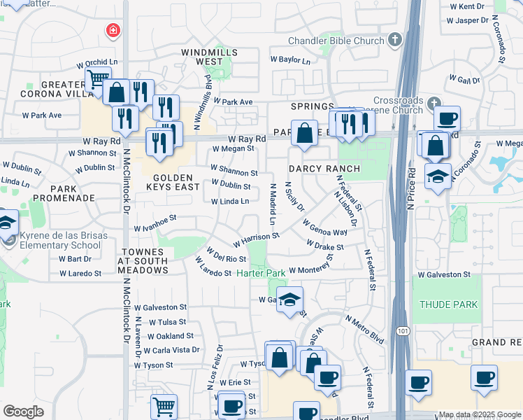 map of restaurants, bars, coffee shops, grocery stores, and more near 3508 West Ivanhoe Street in Chandler