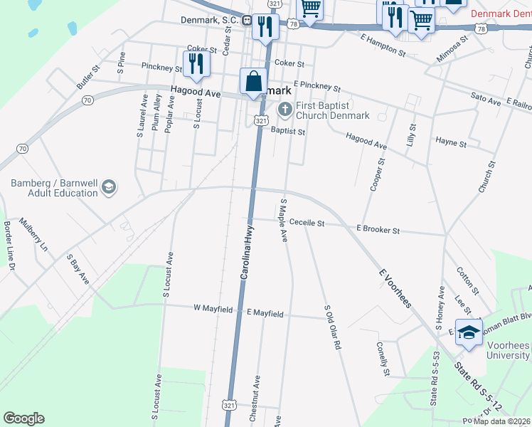 map of restaurants, bars, coffee shops, grocery stores, and more near 274 Ceceile Street in Denmark
