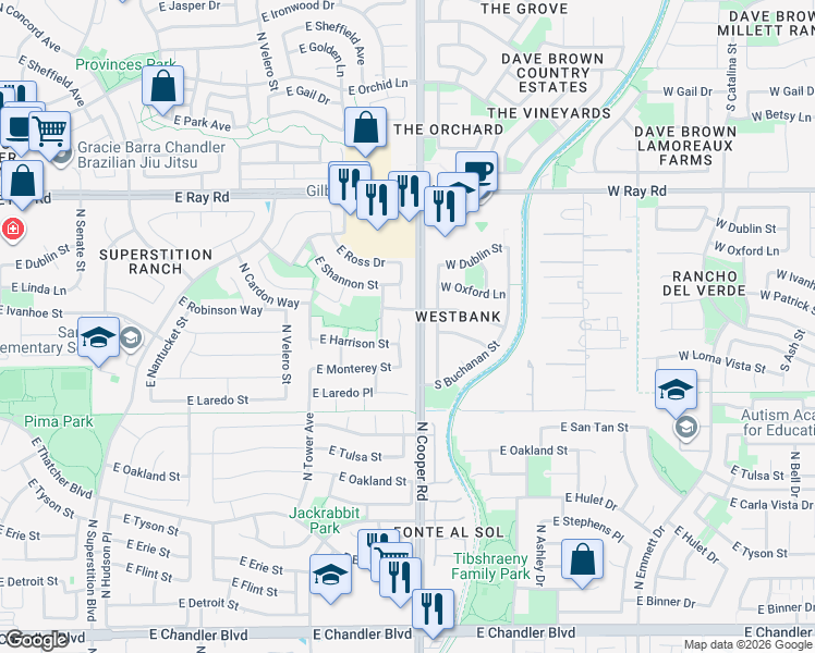 map of restaurants, bars, coffee shops, grocery stores, and more near 771 North Soho Place in Chandler
