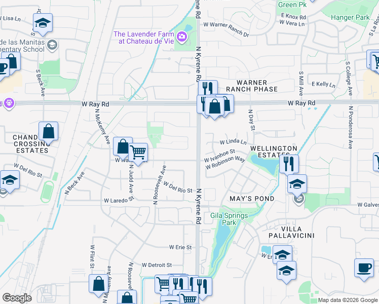 map of restaurants, bars, coffee shops, grocery stores, and more near 6061 West Linda Lane in Chandler