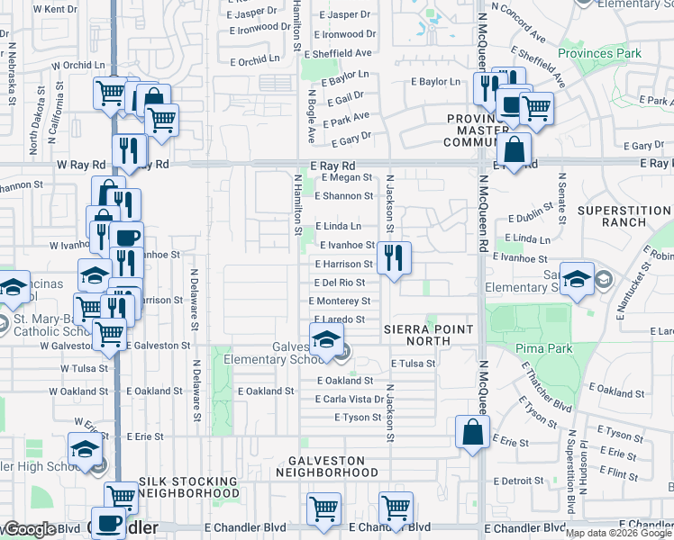 map of restaurants, bars, coffee shops, grocery stores, and more near 673 East Harrison Street in Chandler