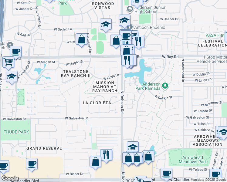 map of restaurants, bars, coffee shops, grocery stores, and more near 2051 West Harrison Street in Chandler