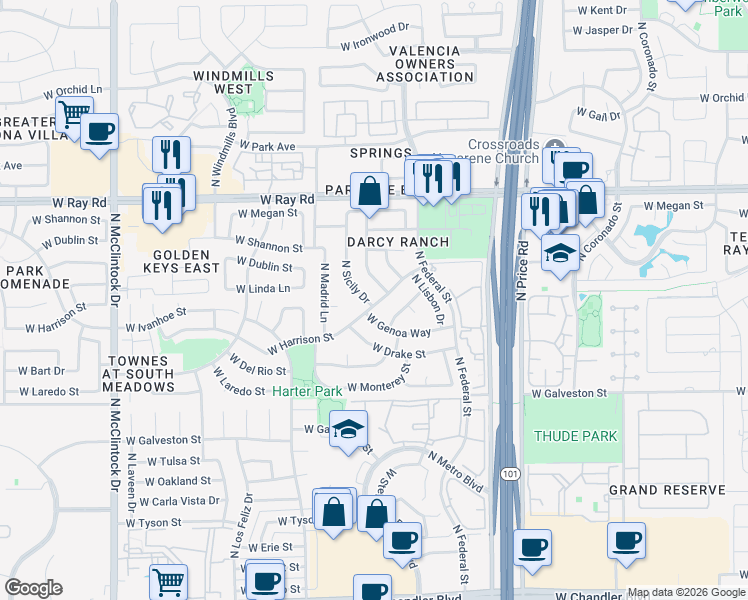 map of restaurants, bars, coffee shops, grocery stores, and more near 743 North Sicily Drive in Chandler