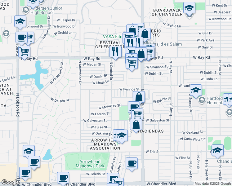 map of restaurants, bars, coffee shops, grocery stores, and more near 761 North Comanche Drive in Chandler