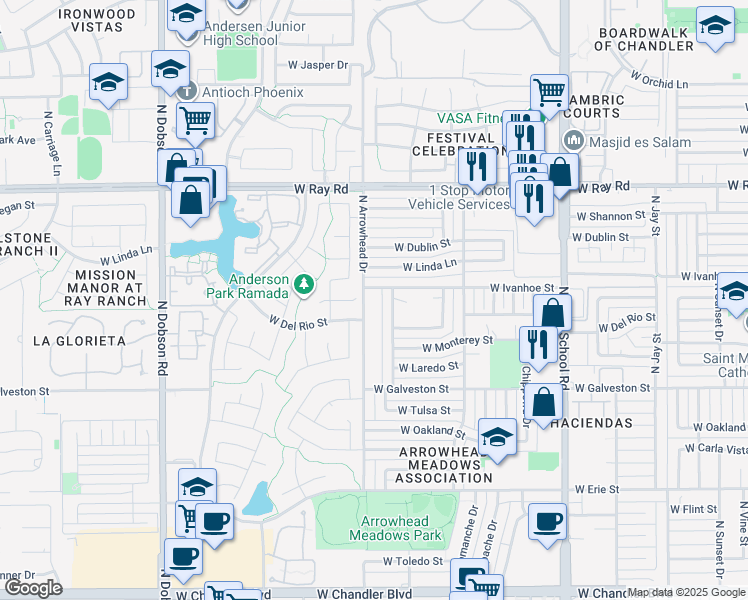 map of restaurants, bars, coffee shops, grocery stores, and more near 785 North Arrowhead Drive in Chandler