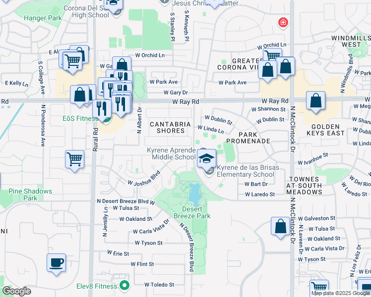 map of restaurants, bars, coffee shops, grocery stores, and more near 4571 West Harrison Street in Chandler
