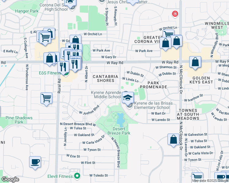 map of restaurants, bars, coffee shops, grocery stores, and more near 4571 West Harrison Street in Chandler
