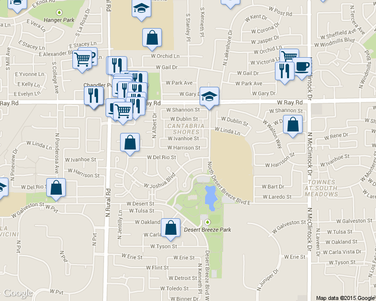 map of restaurants, bars, coffee shops, grocery stores, and more near 4571 West Harrison Street in Chandler