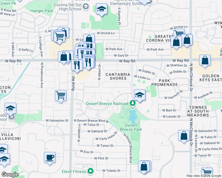 map of restaurants, bars, coffee shops, grocery stores, and more near 4659 West Harrison Street in Chandler