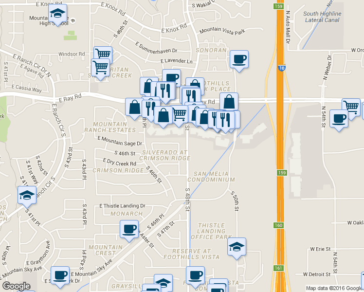 map of restaurants, bars, coffee shops, grocery stores, and more near 14247 South 47th Place in Phoenix
