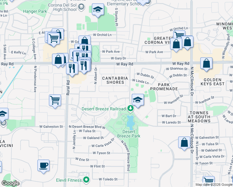 map of restaurants, bars, coffee shops, grocery stores, and more near 4571 West Harrison Street in Chandler