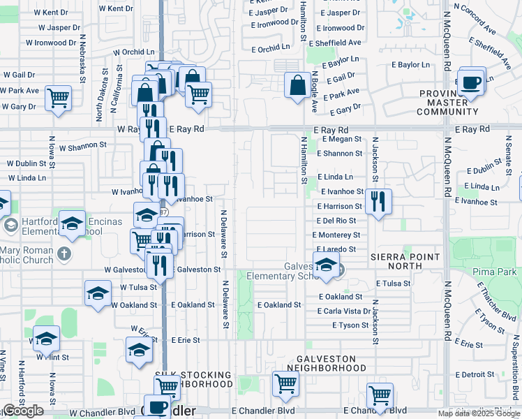 map of restaurants, bars, coffee shops, grocery stores, and more near 425 East Harrison Street in Chandler
