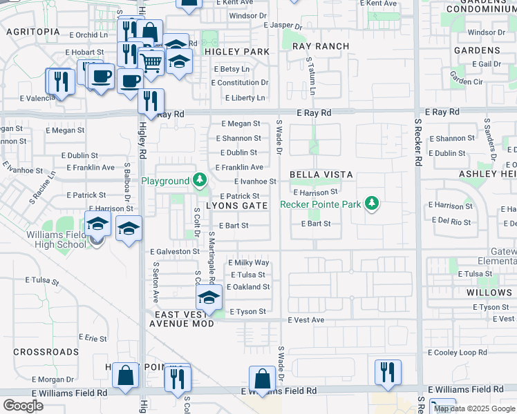 map of restaurants, bars, coffee shops, grocery stores, and more near 3536 East Harrison Street in Gilbert