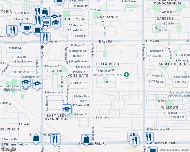 map of restaurants, bars, coffee shops, grocery stores, and more near 1880 South Arroyo Lane in Gilbert