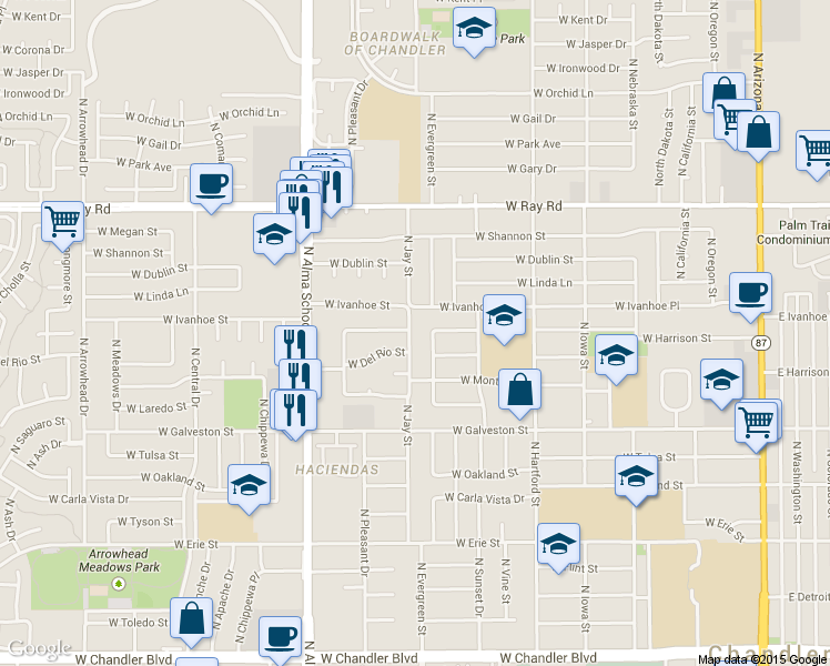 map of restaurants, bars, coffee shops, grocery stores, and more near 773 North Jay Street in Chandler
