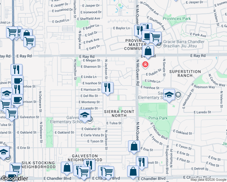 map of restaurants, bars, coffee shops, grocery stores, and more near 843 East Harrison Street in Chandler