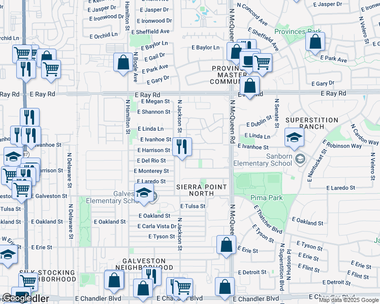 map of restaurants, bars, coffee shops, grocery stores, and more near 835 East Harrison Street in Chandler