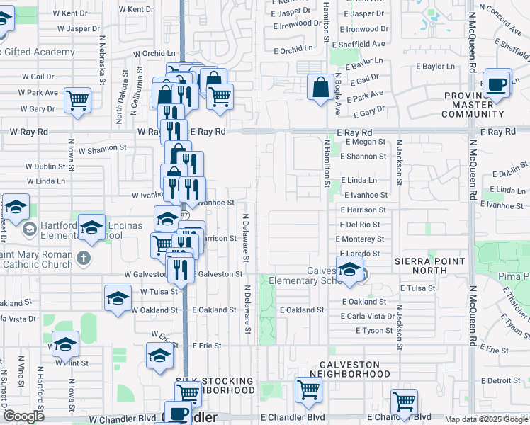 map of restaurants, bars, coffee shops, grocery stores, and more near 790 North Exeter Street in Chandler