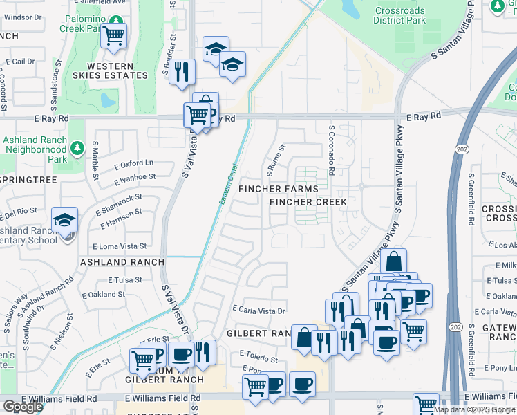 map of restaurants, bars, coffee shops, grocery stores, and more near 1793 East Harrison Street in Gilbert