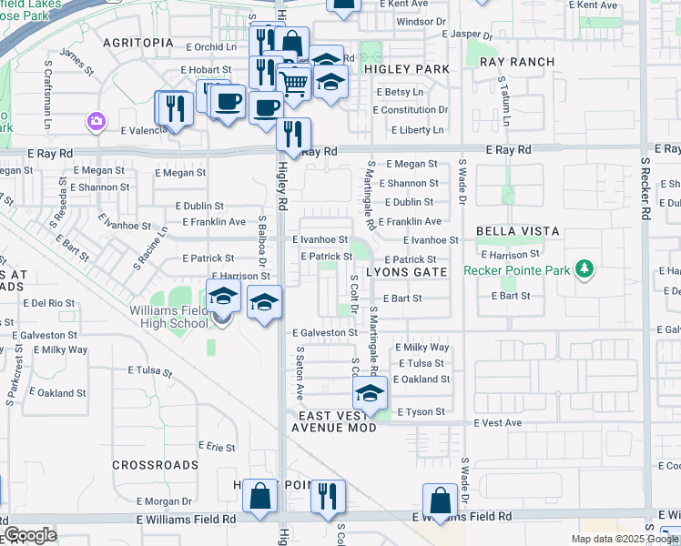map of restaurants, bars, coffee shops, grocery stores, and more near 1860 South Sunnyvale Avenue in Gilbert