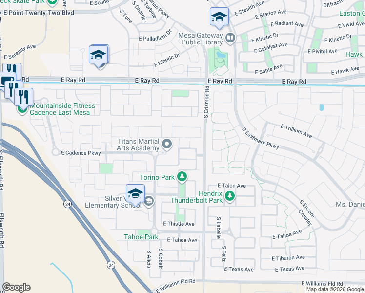 map of restaurants, bars, coffee shops, grocery stores, and more near 5433 South Caisson Way in Mesa