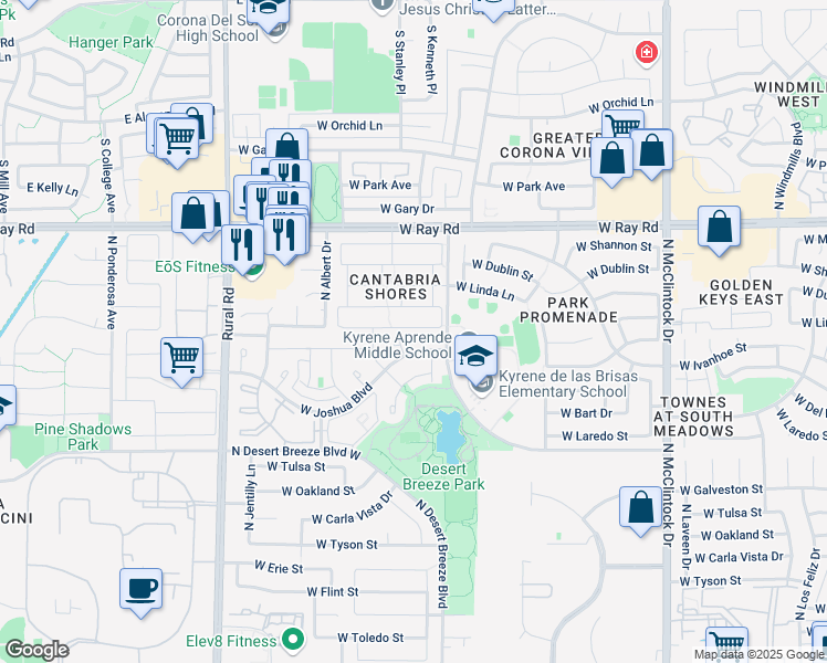 map of restaurants, bars, coffee shops, grocery stores, and more near 4571 West Harrison Street in Chandler