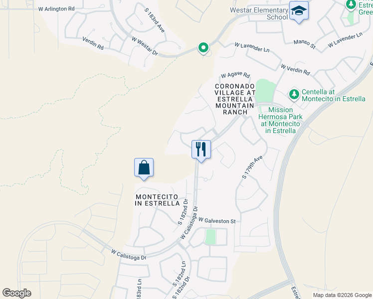map of restaurants, bars, coffee shops, grocery stores, and more near 14182 South 182nd Drive in Goodyear
