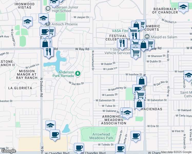 map of restaurants, bars, coffee shops, grocery stores, and more near 785 North Arrowhead Drive in Chandler