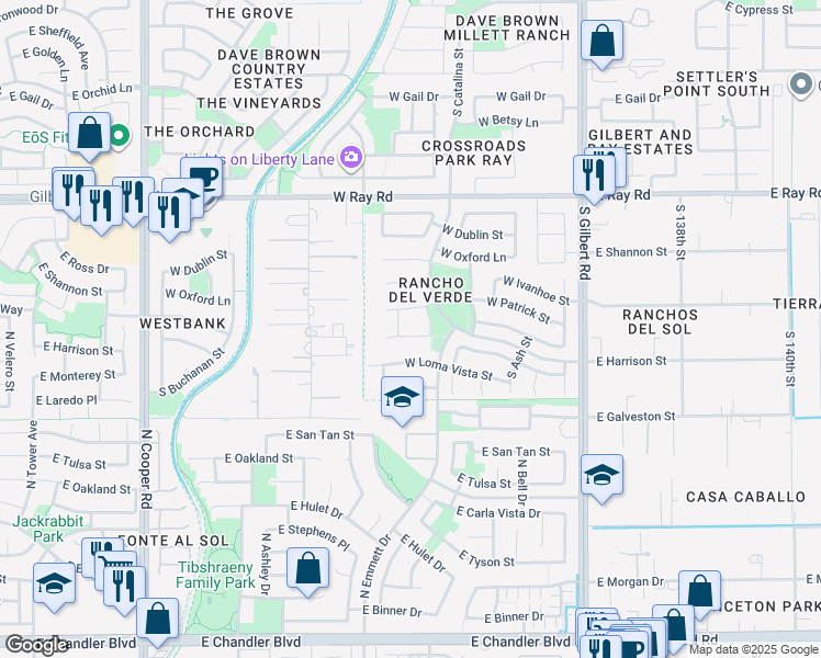 map of restaurants, bars, coffee shops, grocery stores, and more near 304 West Del Rio Street in Gilbert
