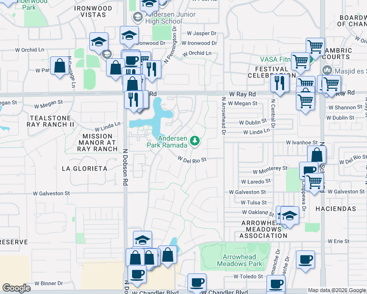 map of restaurants, bars, coffee shops, grocery stores, and more near 1731 West Ivanhoe Street in Chandler