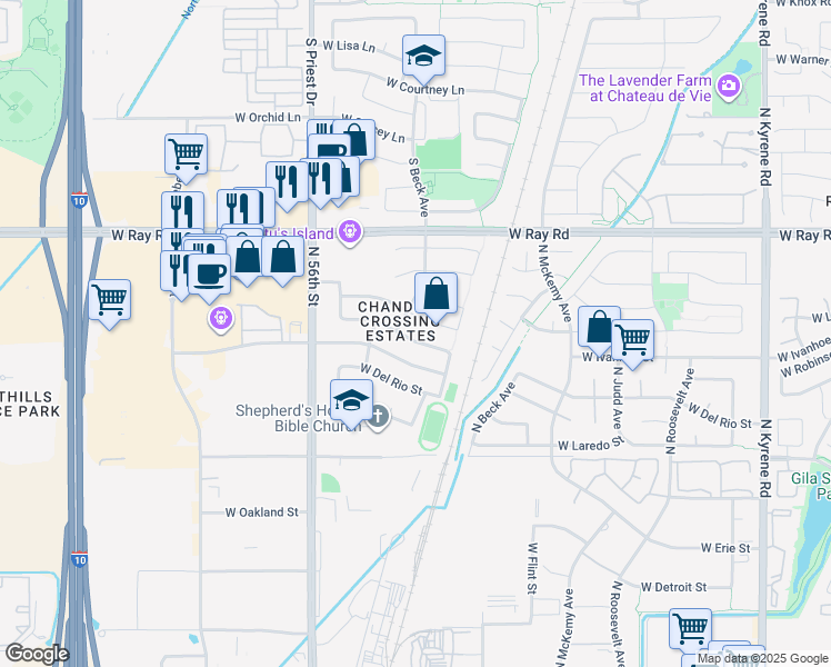 map of restaurants, bars, coffee shops, grocery stores, and more near 6712 West Ivanhoe Street in Chandler