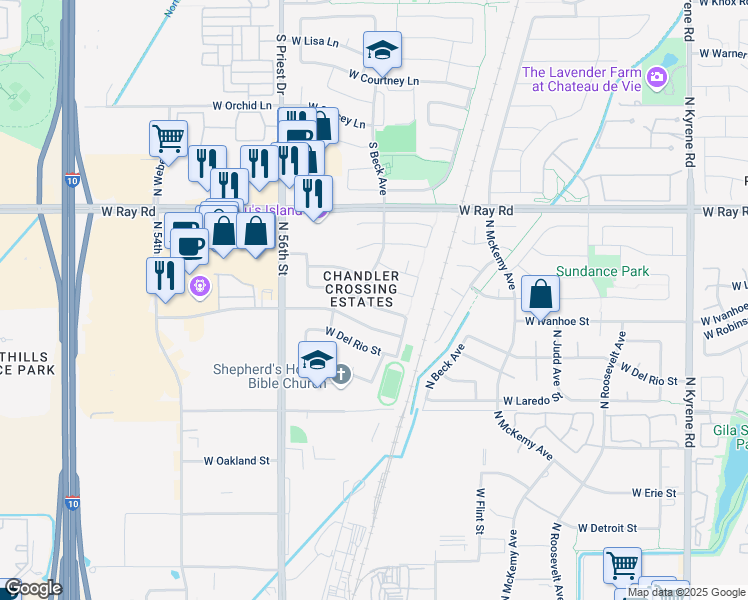 map of restaurants, bars, coffee shops, grocery stores, and more near 6712 West Ivanhoe Street in Chandler