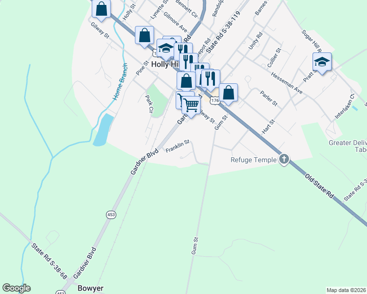 map of restaurants, bars, coffee shops, grocery stores, and more near 100 Holly Way Court in Holly Hill