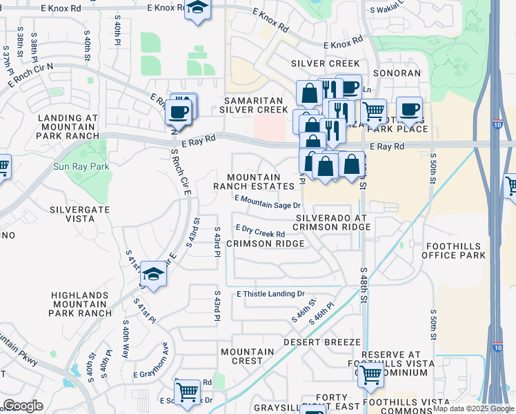 map of restaurants, bars, coffee shops, grocery stores, and more near 4501 East Mountain Sage Drive in Phoenix