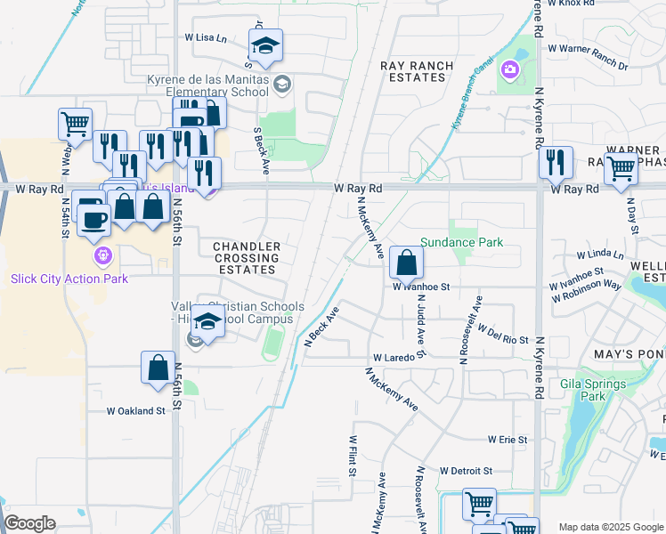 map of restaurants, bars, coffee shops, grocery stores, and more near 6551 West Linda Court in Chandler