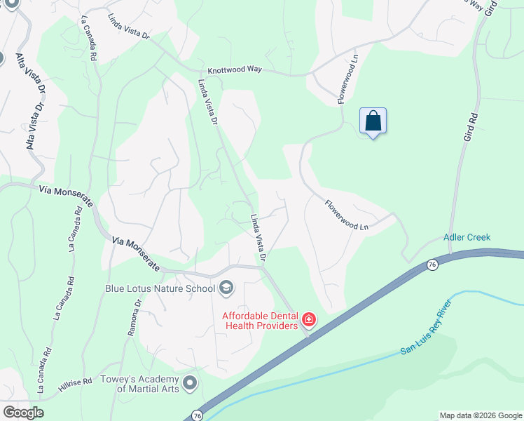 map of restaurants, bars, coffee shops, grocery stores, and more near 4178 Linda Vista Drive in Fallbrook