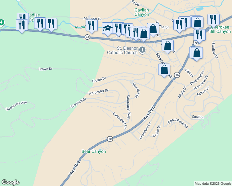 map of restaurants, bars, coffee shops, grocery stores, and more near Worcester Dr in Ruidoso