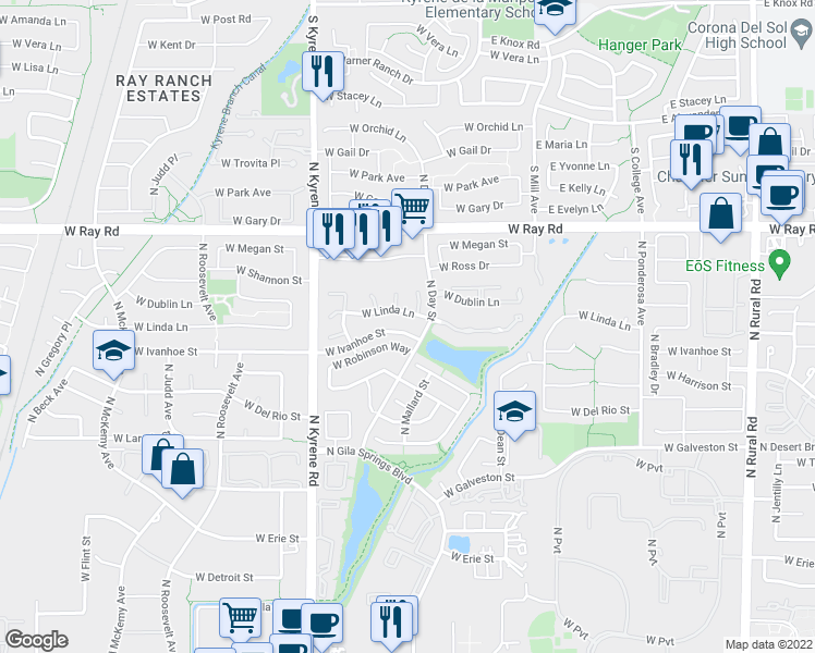 map of restaurants, bars, coffee shops, grocery stores, and more near 5808 West Ivanhoe Street in Chandler