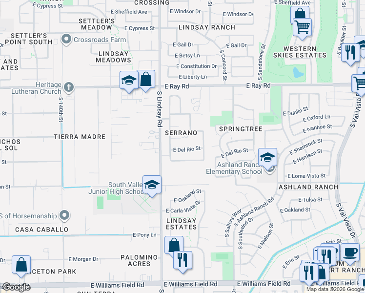 map of restaurants, bars, coffee shops, grocery stores, and more near 886 East Del Rio Street in Gilbert