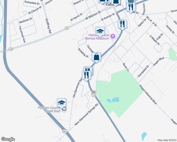 map of restaurants, bars, coffee shops, grocery stores, and more near Oak Street in Eatonton